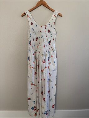 Wayf White Floral Midi Dress with Red & Blue Accents